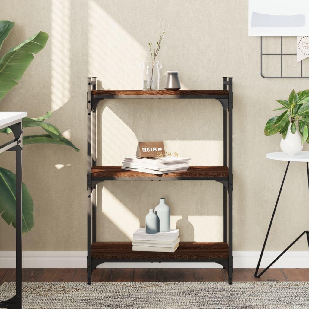 vidaXL Brown Oak 3-Tier Bookcase – Durable Engineered Wood – 23.6"x11.8"x33.9"| Industrial Design | Ample Storage Space for Books and Decorative Items